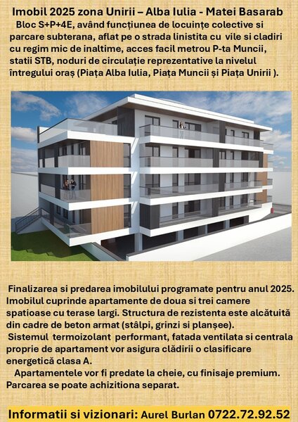 Unirii, Alba Iulia, Decebal, imobil nou S+P+4 Et. 2500 E/mp+TVA.